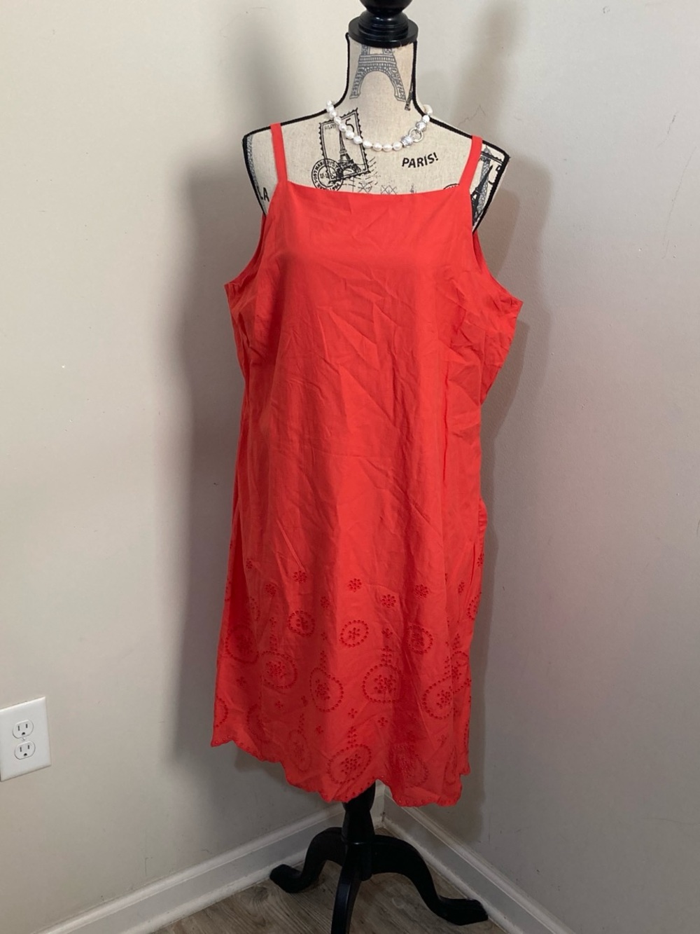 Lea Women’s Bright Melon (Orange) Midi Sleeveless Dress with Eyelet Hem NWOT